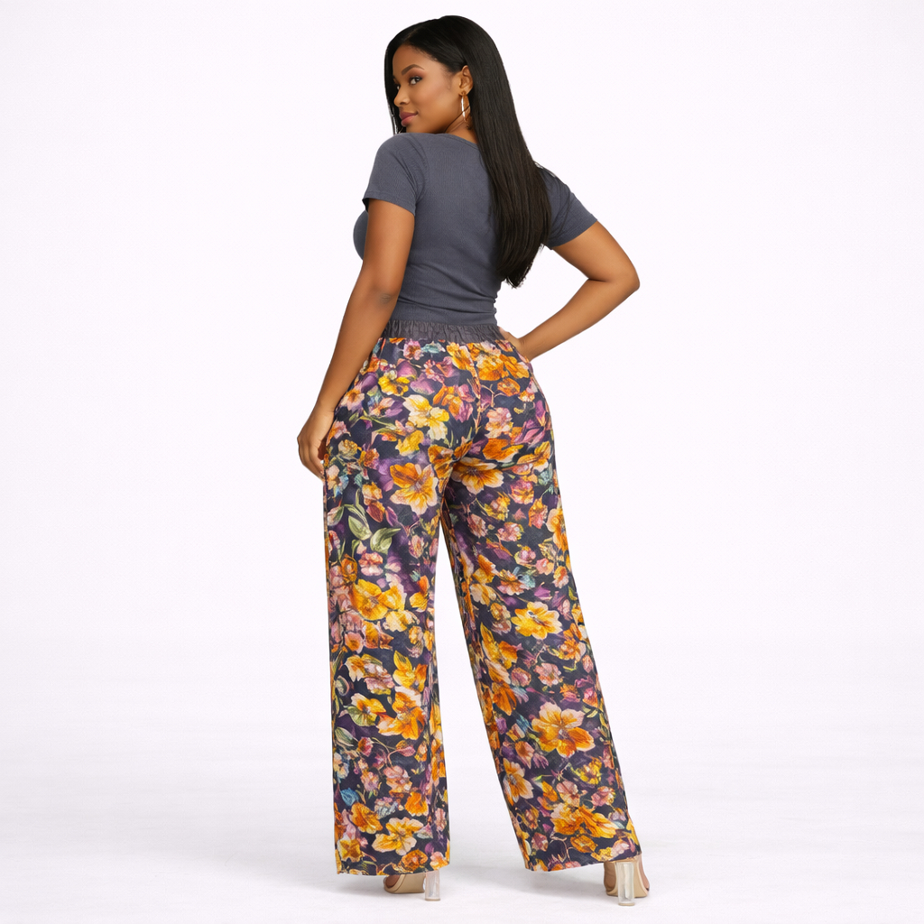 Womens Ribbed Top and Floral Wide Leg Pants Set